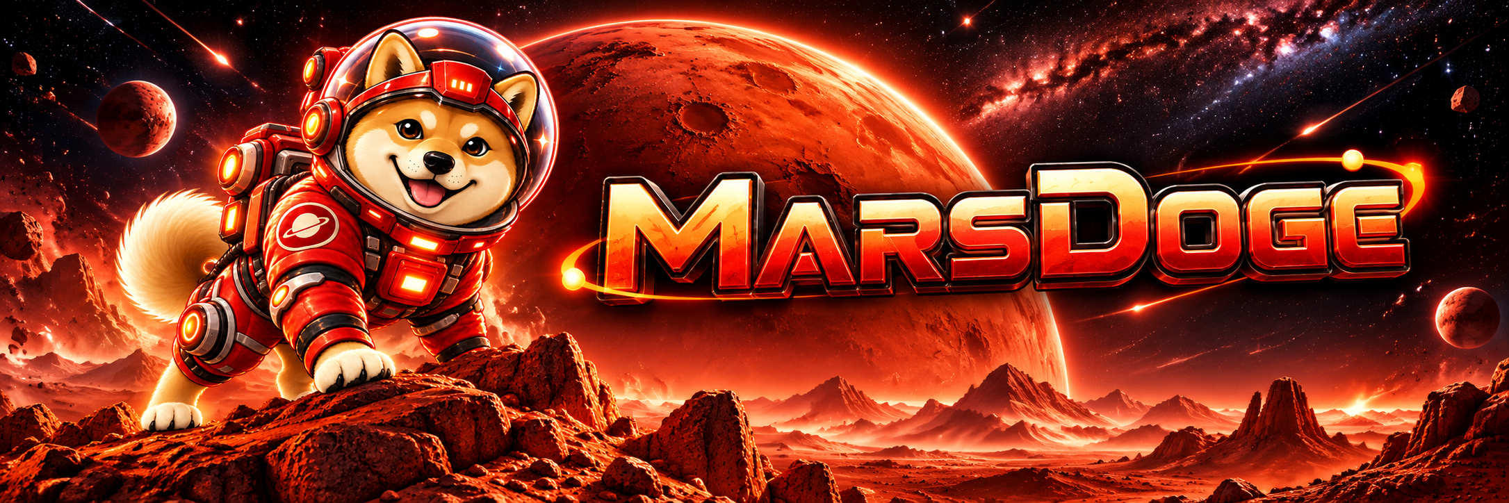 MarsDoge in a red spacesuit on Martian rock, with the MarsDoge name in front of a glowing red planet.