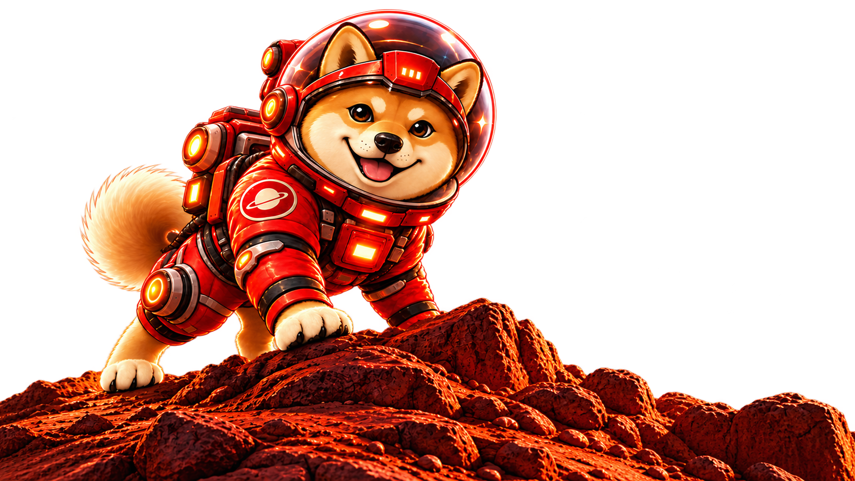 MarsDoge, a Shiba Inu in a red spacesuit and clear helmet, standing on a rocky Martian hill.