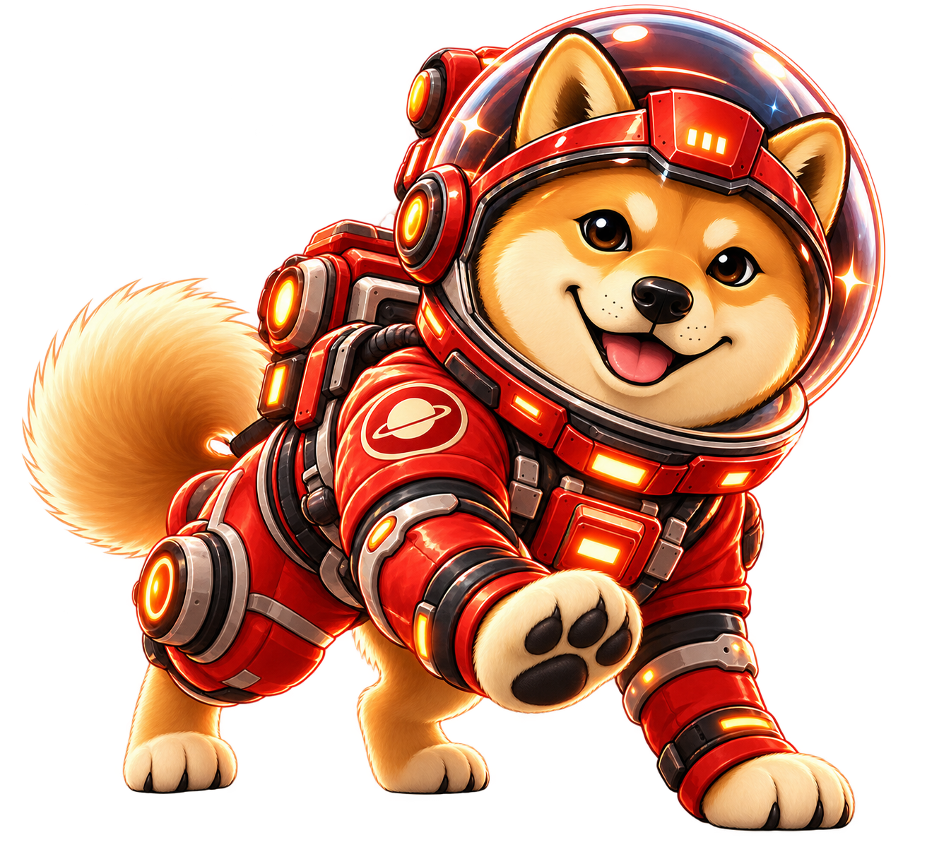 MarsDoge mascot in a glossy red spacesuit, smiling and reaching one paw forward.